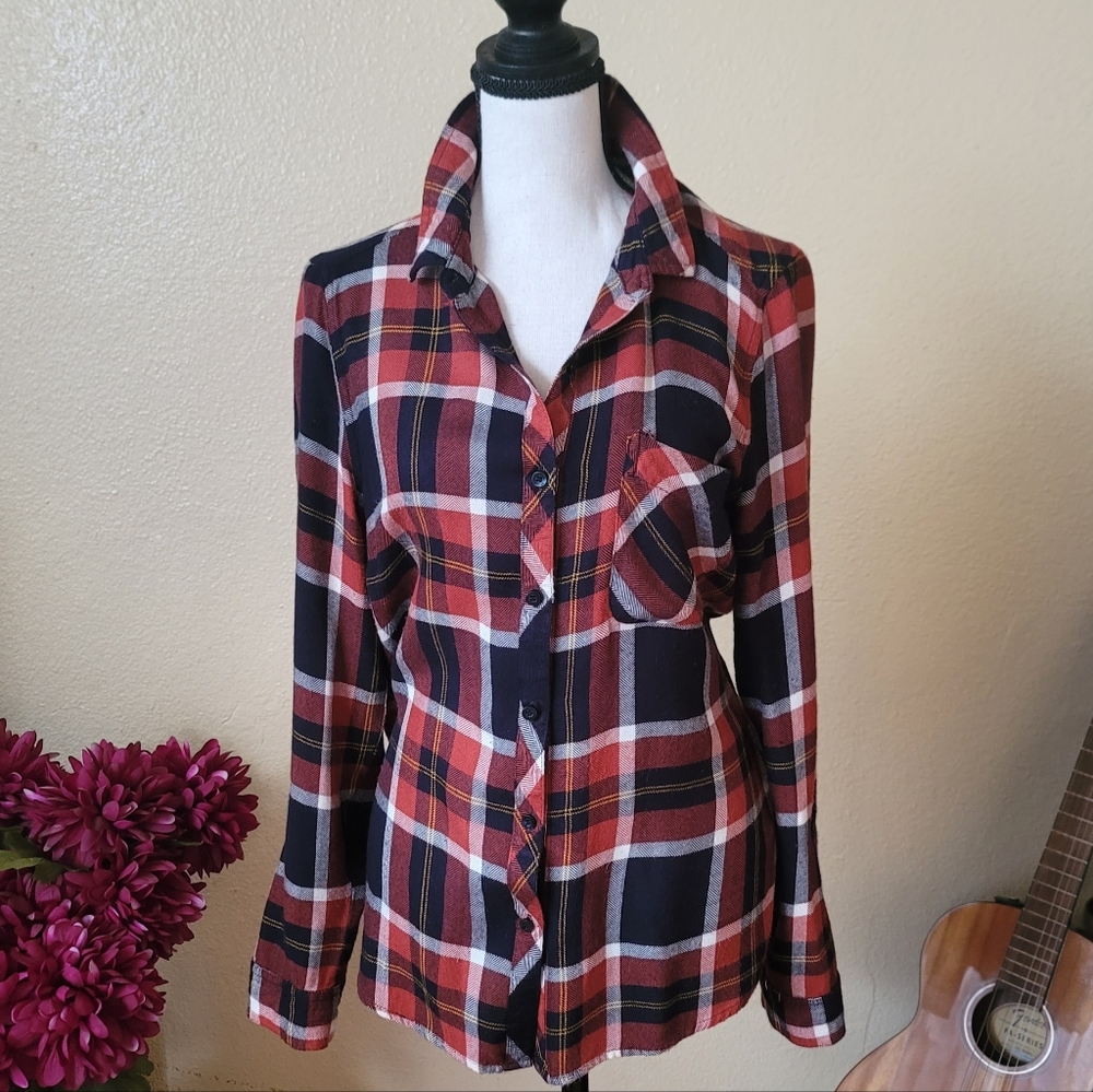 Fall Plaid Button Down Shirt - Orange, Black, White Size Medium Thanksgiving